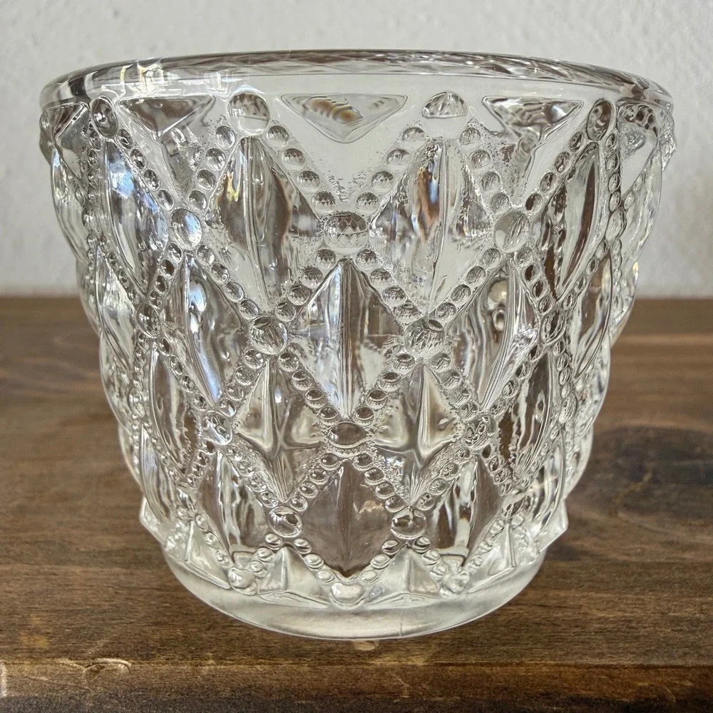 Clear Pressed Glass Diamond Point Beaded Votive Candle Holder 2in